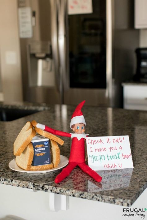 This Funny Elf on the Shelf Gingerbread House is full of pun. Instead of a traditional Gingerbread House kit, Elf uses bread and ginger. New creative, funny, and punny Elf on the Shelf Ideas daily. #FrugalCouponLiving #ElfontheShelf #ElfontheShelfIdeas #ElfIdeas #funnyelfideas #funnyelfontheshelf #elfprintables #freeelfprintables #printables #freeprintables #ginger #gingerbread #gingerbreadhouse #gingerbreadhousekit #pun #punny #funnyelf Gingerbread House Ideas Easy, Elf On The Shelf Gingerbread, Elf On A Shelf Printables, Happy Thanksgiving Aesthetic, Elf On The Shelf Costume, Elf On The Shelf Printables, Traditional Gingerbread, Gingerbread House Kit, Elf Idea