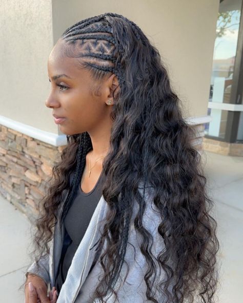 Cornrows Into Sew In, Feed In With Sew In Back, Feed In Weave Hairstyles, Half Feedins Half Quick Weave, Half Braided Hairstyles Black Women, Cornrows With Sew In, Braid Front Sew In Back, Sew In Weave With Braids, Cute Half Braid Hairstyles