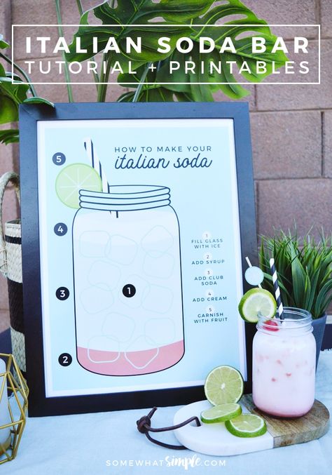 You don't need a major holiday as an excuse to create an Outdoor Italian Cream Soda Bar! We'll show you how easy it is to create a fun space for any gathering! #party #italian #soda #bar #yum Italian Soda Recipe Printable, Italian Soda Bar Drink Stations, Soda Bar Party, Italian Cream Soda Bar, Italian Cream Soda Recipe, Italian Baby Showers, Italian Soda Bar, Italian Sodas, March Madness Parties