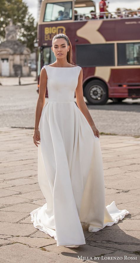 Satin Wedding Gown A Line, Bateau Neckline Wedding Dress, Structured Wedding Dress, Bateau Wedding Dress, Boat Neck Wedding Dress, Wedding Dress Backless, Minimalist Gown, Boho Chic Wedding Dress, Big Wedding Dresses