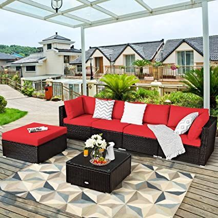 RELAX4LIFE 6-Piece Patio Sofa Set - Outdoor Sectional Sofa Set Wicker Conversation Set w/Table & Removable Cushions, Modular Sofa Set Patio Furniture for Backyard, Poolside, Balcony (Red) Rattan Sofa Set, Wicker Sectional, Rattan Furniture Set, Sectional Furniture, Balcony Furniture, Corner Sofas, Red Sofa, Patio Sectional, Modern Outdoor Furniture