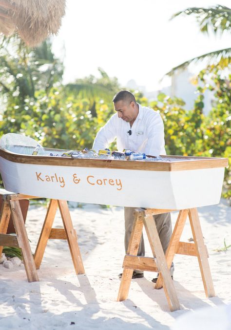 Destination wedding in Mexico, Cocktail hour on the beach with beers in a boat. Beach Wedding Cocktails, Boutique Anniversary Ideas, Outdoor Wedding Ideas Beach, Centerpieces Wedding Beach, Beach Wedding Set Up, Beach Cocktail Hour, Beer Canoe, Lana Wedding, Mexico Beach Weddings