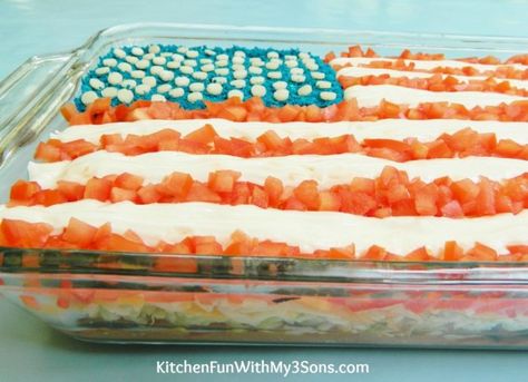 4th Of July 7 Layer Dip, Flag Dip, Layered Taco Salads, 7 Layer Taco Dip, Mexican Layer Dip, 4th July Food, Layered Bean Dip, Layered Taco Dip, Seven Layer Dip