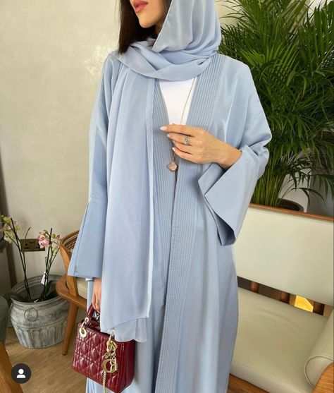 Abaya modest trendy 2022 fashion Blue Abaya Outfit, Light Blue Hijab, Light Blue Abaya, Blue Abaya, Blue Hijab, Muslim Outfit, Abaya Outfit, Clothes Brand, Black Abaya