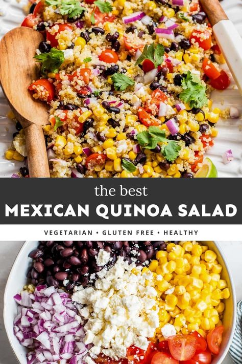 This light and refreshing Mexican Quinoa Salad combines quinoa, black beans, corn, and tomatoes with a tangy lime vinaigrette. It’s a delicious, healthy side dish you can bring to picnics, potlucks, and barbecues! Mexican Quinoa Salad Recipes, Southwestern Quinoa Salad, What To Bring To A Mexican Potluck, Quinoa Taco Salad, Cheap Salad Recipes, Mexican Quinoa Bowl, Salad Combinations, Mexican Quinoa Salad, Isabel Eats