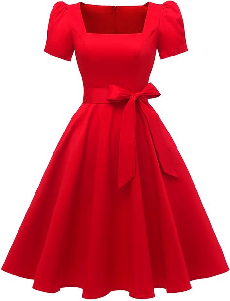 Red Dinner Dress, 1950s Cocktail Party, Long Sleeve Turtleneck Dress, Dress With Puff Sleeves, Gallery Wallpaper, Square Neck Dress, Ladies Gown, Vestidos Vintage, African Dresses For Women