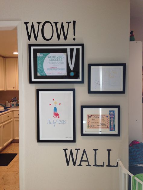 This inspiring gallery wall blends kids achievements, with their artistry into a truly "WOW! Wall" #gallerywall #kidsart #positiveparenting Award Plaque Wall Display Ideas, Display Awards Ideas, Display Certificates On Wall, How To Display Certificates On Wall, Certificate Wall Display Ideas, Accomplishment Wall, Awards Display Wall, Achievement Wall, Certificate Wall