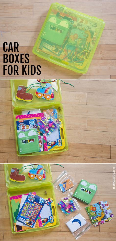 Here's an awesome road trip hack for traveling with kids! These "car boxes" will keep kids busy for hours. Hacks For Traveling, Road Trips With Kids, Car Travel Hacks, Car Organization Diy, Trip Hacks, Kids Travel Activities, Car Activities, Road Trip Activities, Activity Box