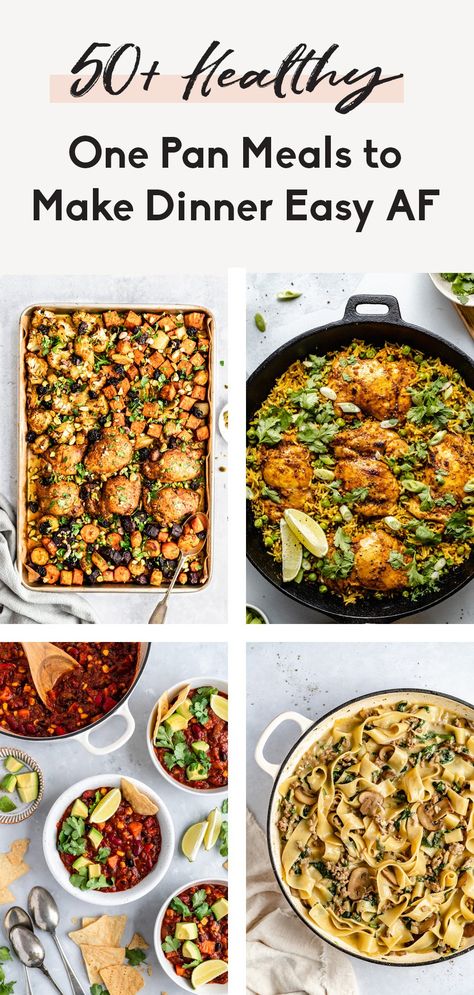 Over 50 protein and veggie-packed one pan meals that make dinnertime a breeze! These healthy one pan meals are perfect for meal prep, freezing for later or feeding a family. Vegetarian meals, stir frys, soups and chilis included! #onepan #healthydinner #mealprep Veggie Heavy Recipes, Healthy One Pan Meals, One Pan Meal Prep, Soups And Chilis, Ambitious Kitchen Recipes, Family Vegetarian Meals, Family Meal Prep, Healthy One Pot Meals, Meal Train Recipes