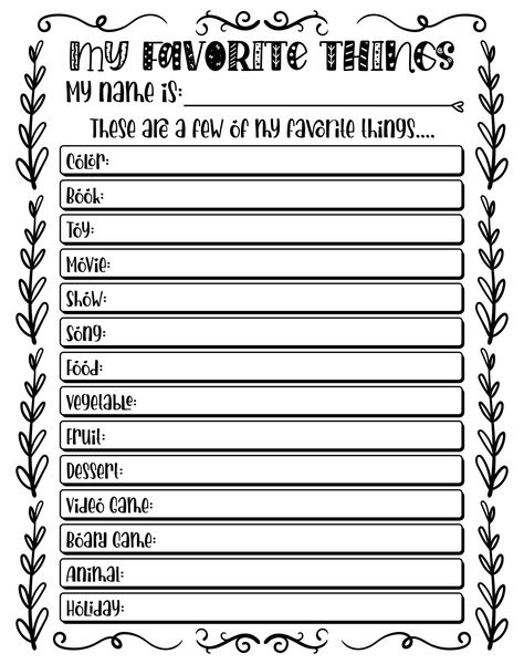 All About My Favorite Things Printable Worksheet About Me Worksheet For Adults, All About Me Worksheet For Adults, Free Favorite Things Printable, Questions About Favorite Things, All About Me Printable For Adults, Favorite Things List For Kids, All About Me Template For Adults, My Favorites List Template, My Favorite Things List For Kids