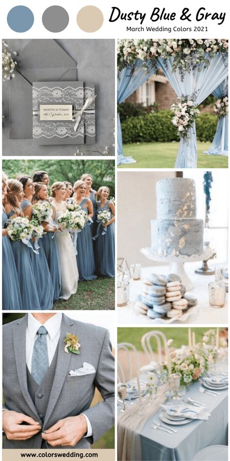 Dusty Blue And Dark Grey Wedding, Blue Grey Wedding Colors, Blue Gray Wedding, Blue And Gray Wedding, March Wedding Colors, Grey Wedding Theme, Wedding Color Palettes, March Wedding, Wedding Colours