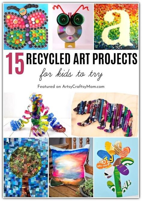 These art projects using recycled materials are perfect examples of turning trash into treasure! Go ahead & gather all your 'junk' - we're making art! Recycled Art For Preschoolers, Earth Day Projects Recycled, Recycled Materials Project For Kids, Recycled Art Projects For Kids, World Forestry Day, Global Recycling Day, Magazine Wall Art, Recycled Material Art, Art From Recycled Materials