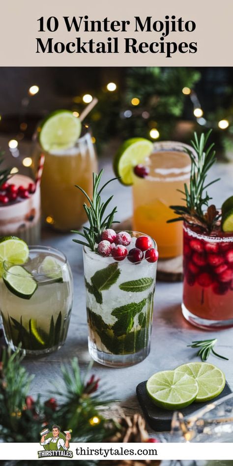 "Discover 10 delightful Winter Mojito Mocktail Recipes to cozy up your holidays! These refreshing non-alcoholic cocktails are perfect for festive gatherings and make ideal holiday drinks. Explore our cozy beverage ideas that blend seasonal flavors with the classic mojito twist. Sip on these festive refreshments and enjoy a taste of winter without the alcohol. Perfect for all ages, these winter mocktails will elevate your holiday celebrations!" Mojito Variations, Winter Mojito, Winter Mocktails, New Years Eve Snacks, Winter Drink Recipes, Holiday Mocktail, Christmas Mocktails, Holiday Punch Recipe, Classic Mojito