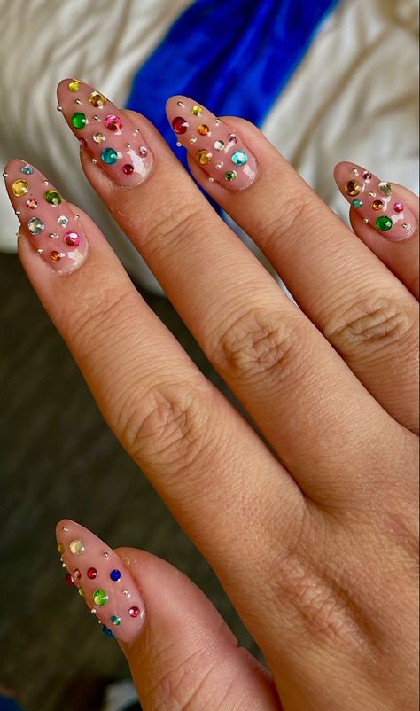 pink nude nails with gems, rhinestones, and small beads Colorful Gem Nails, Space Cowgirl Nails, Cowgirl Nails, Space Cowgirl, Gem Nails, Nashville, Almond, Gems, Nails