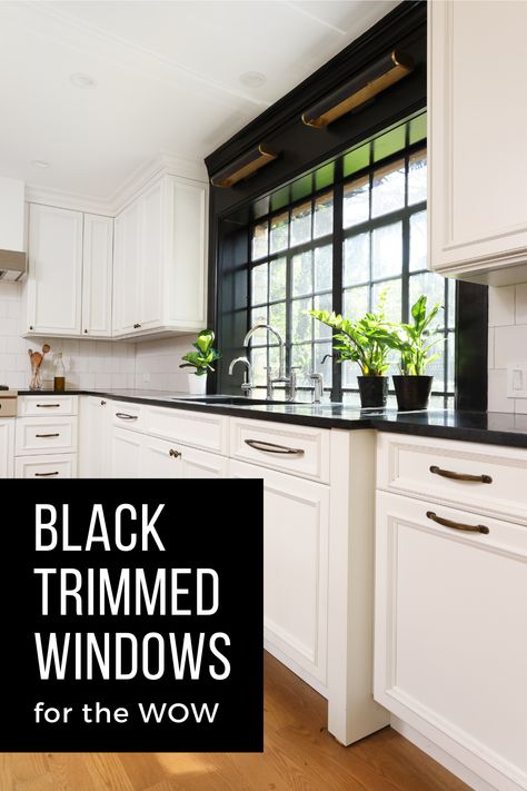 White Kitchen Black Trim, White Walls Black Trim Kitchen, Black Inset Windows, Window Trim Ideas Interior Black Windows, Black Window Frames With Curtains, Black Kitchen Windows, Window Trim Ideas Interior Paint Colors, Black Trim White Windows, Paint Window Trim Black