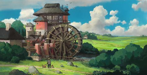 ArtStation - Water Mill, John Wallin Liberto Fantasy Monster Hunter, Ghibli Illustration, Environment Inspiration, Video Game Ideas, Mill City, Traditional Japanese Architecture, Vintage Motorcycle Posters, Fantasy Architecture, Japanese Water