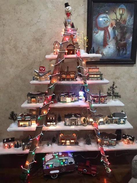 Village Display, Christmas Village Display, Wooden Ladder, Christmas Village, Christmas Tree, Arts And Crafts, Holiday Decor, Christmas, Fabric