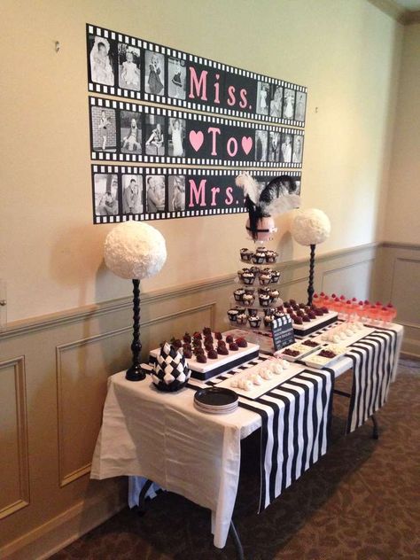 1950's movie film Bridal/Wedding Shower Party Ideas | Photo 10 of 10 | Catch My Party Bridal Shower Food Table, Film Theme, Bridal Party Tables, Wedding Shower Party, Couples Bridal Shower, Bridal Shower Tables, Shower Party Ideas, Lingerie Shower, Bridal Shower Food