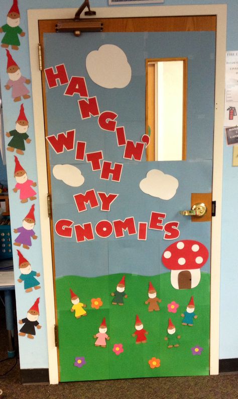 School door decoration. Gnomes. Spring. Summer. Flowers. Mushroom. Blue. Sky. Clouds. Cute. Funny. Hangin with my gnomies. Mushroom Classroom Door Decoration, Nature Door Decorations Classroom, Mushroom Bulletin Board Ideas, Funny Classroom Decor, Enchanted Forest Classroom Door, Funny Classroom Door Ideas, Mushroom Classroom Decor, Flower Door Decorations Classroom, Infant Room Door Decorations