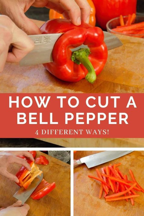 Learn how to efficiently cut bell peppers in the kitchen with this simple step-by-step guide! We'll show you four easy ways to cut bell peppers with almost zero waste! #howto #knifeskills #learningtocook #cookingskills How To Cut Peppers, Store Peppers, Earth Food, Bell Pepper Recipes, Peppers Recipes, Culinary Skills, Cooking Skills, Stuffed Sweet Peppers, Bell Peppers