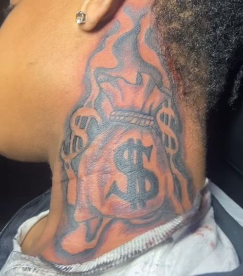 Dice Neck Tattoo, Black Hood Tattoos For Men, Flame Neck Tattoo Men, Money Bag Neck Tattoo, Hood Arm Tattoos Men, Money Neck Tattoos, Neck Tattoos For Men Black, Fire Neck Tattoo, Flame Neck Tattoo