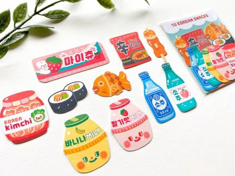 Cute Snack Packaging, Things Made Out Of Paper, Korean Stickers Aesthetic, Korean Snacks Aesthetic, Korean Packaging, Korean Items, Aesthetic Paper, Sticker Food, Sticker Photo