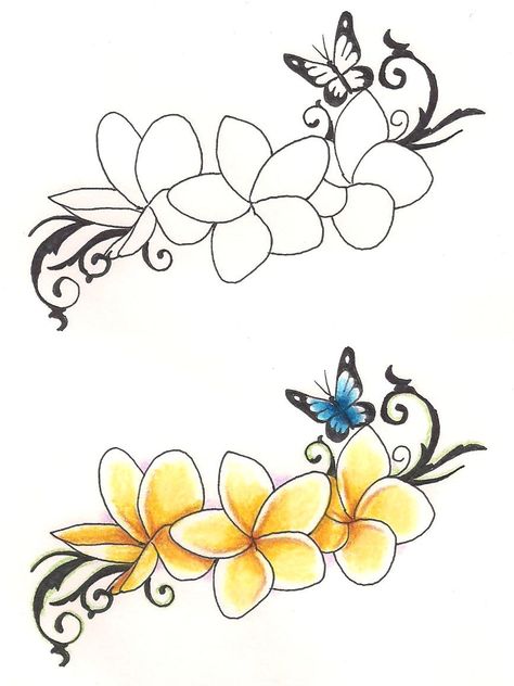 Fiori Frangipani, Frangipani Tattoo, Hawaiian Flower Tattoos, Plumeria Tattoo, Butterfly Ribbon, Hibiscus Tattoo, Band Tattoos, Ribbon Tattoos, Samoan Tattoo