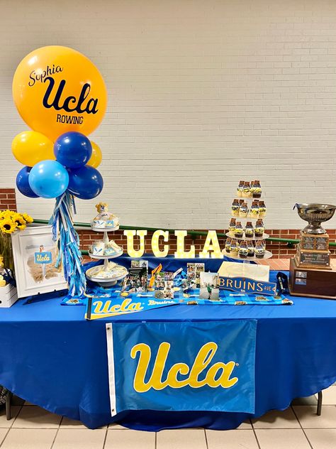 Ucla Party Decorations, Ucla Party Ideas, College Signing Table Ideas, Signing Party Ideas College, Signing Tables For College, Senior Table Ideas Cheer, Signing Day Table Ideas College, College Table Display, Football Signing Day Table Ideas