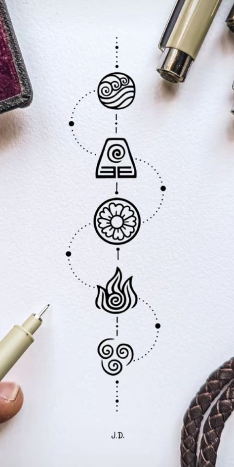 Earth Wind Fire Tattoo, Avatar The Last Airbender Fine Line Tattoo, Avatar Symbols Tattoo, Avatar Tattoo Ideas The Last Airbender, Atla Symbols, Air Bender Tattoo, D&d Tattoo Ideas, Avatar The Last Airbender Symbols, Voltron Tattoo