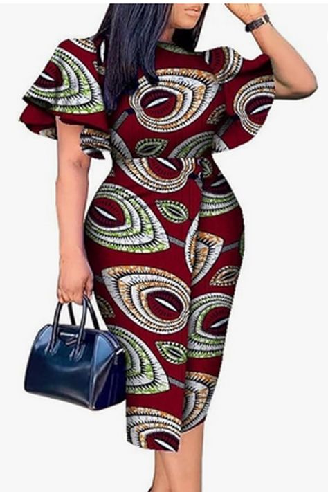 African Women Clothing Print Dresses Flare Sleeve Dashiki Dresses Ankara Fashion Office Dress For Women, Ruffles Collar, Kitenge Designs, Nigerian Dress, Dashiki Dress, Butterfly Sleeve Dress, Best African Dresses, Ankara Dresses, Office Dresses For Women