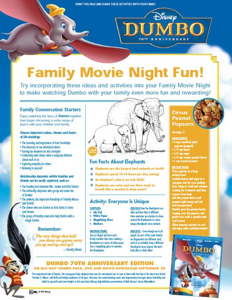 http://www.scholastic.com/parents/play/printables/dumbo.htm Dumbo Movie Night Food, Dumbo Movie Night, Maya And Miguel, Dumbo Dinner And A Movie, Disney Movie Night Menu A Goofy Movie, Disney Dinner And A Movie, Dinner And A Movie Menu Disney Family, English Comics, Dumbo Movie Poster