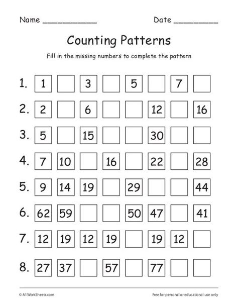 Grade 1 Counting Patterns Worksheets Repeated Addition Worksheets, Preschool Pattern Worksheets, Number Patterns Worksheets, Printable Worksheets For Kindergarten, Skip Counting Worksheets, Worksheets For Grade 1, Preschool Patterns, Printable Worksheets For Kids, Math Patterns