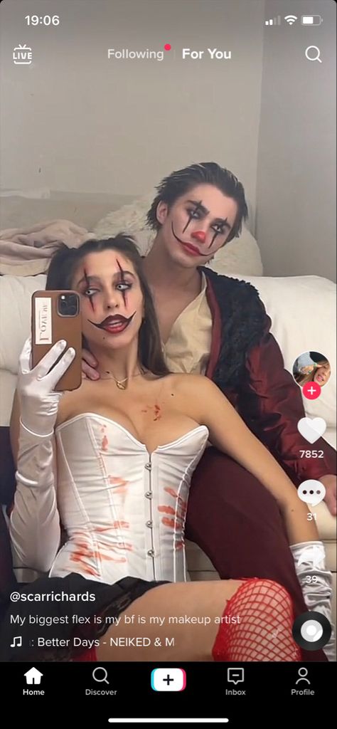 Halloween Makeup Ideas Couples, Halloween Costume Elegant, Couples Clown Halloween Costumes, Easy Makeup Looks Halloween, Couples Halloween Face Paint Ideas, Killer Clown Couple Costume, Couples Clown Makeup, Demon Couple Costume, Clown Makeup Couple