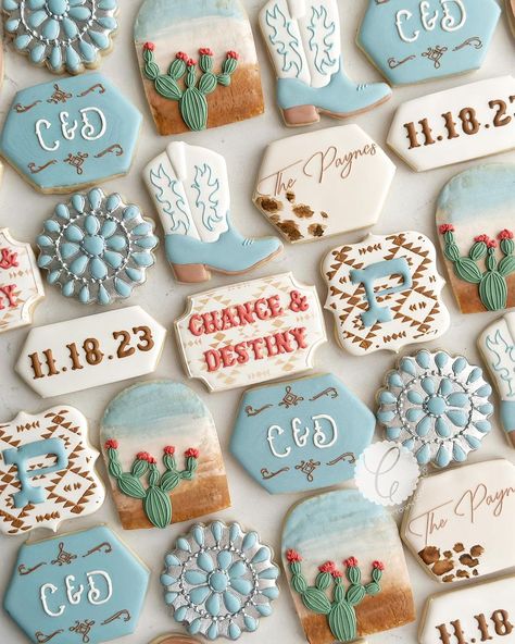 A Wild West wedding… yes, please! Happy Wedding Day Chance and Destiny🏜️🌵🤠 #cowtowncookieco #fortworthcookies #aledocookies… | Instagram Wild West Wedding Theme, Western Wedding Cookies Decorated, Western Cookie Ideas, Western Wedding Cookies, Western Bridal Shower Cookies, Wild West Baby Shower Theme, Fall Wedding Cookies, Western Baby Shower Cookies, Cowboy Boot Bridal Shower Cookies