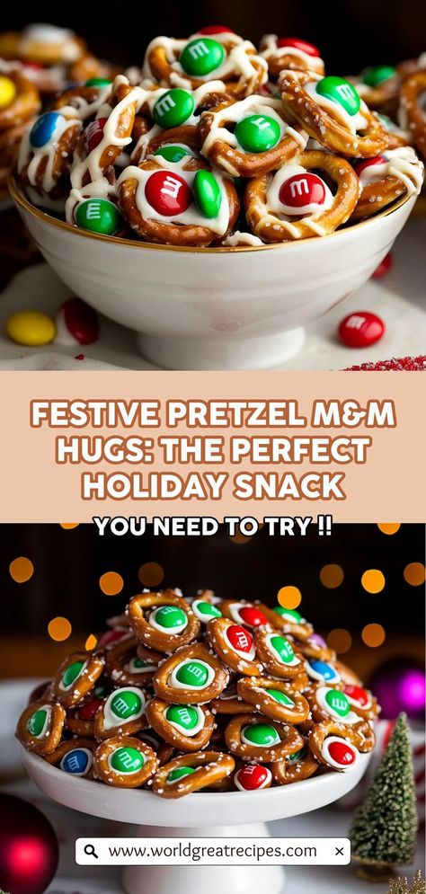 Pretzel M M Hugs, Pretzel Hugs Recipe, Pretzel Candy Recipes, Holiday Pretzel Treats, Pretzel Snack Recipes, Holiday Finger Foods, Best Christmas Appetizers, Christmas Pretzels, Pretzel Treats