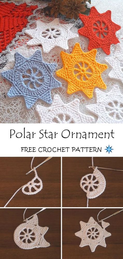 Crochet Christmas Star, Crocheted Christmas Ornaments, Crochet Star Patterns, Polar Star, Crochet Ornament Patterns, Crochet Snowflake Pattern, Crochet Star, Crochet Xmas, Crochet Christmas Trees