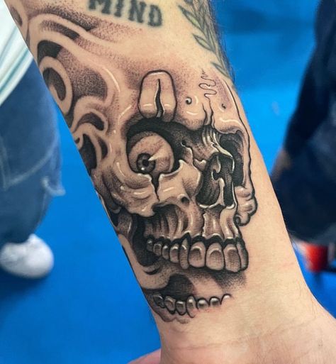 Skull Tattoo Filler Ideas, Rose With Skull Inside Tattoo, Stone Cold Tattoo, Skull Back Tattoo Men, Skull Filler Tattoo Ideas, Skull With Bandana Tattoo, Eyebrow Tattoo Men, Prison Art Tattoo, Chicano Skull Tattoo