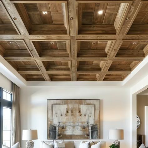 15 Stunning Coffered Ceiling Ideas That Enhance Style of Your Home Wood Coffered Ceiling Dining Room, Coffered Ceiling With Lights, White Oak Coffered Ceiling, Modern Coffered Ceiling Living Room, Coffered Ceiling Paint Ideas, Coffered Ceiling Bedroom, Modern Coffered Ceiling, Ceiling Light Inspiration, Coffered Ceiling Family Room