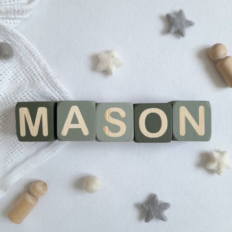 Personalised Baby Name Wooden Letter Blocks Custom Name - Etsy UK Wooden Name Letters, Nursery Shelf Decor, Nursery Decor Green, Baby Name Blocks, Nursery Shelf, Personalized Baby Boy Gifts, Letter Blocks, Styling Shelves, Name Blocks