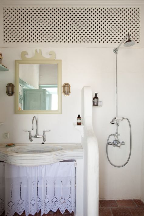 Greek Bathroom Design, Greece Inspired Bathroom, Greek Interior Design Bathroom, Greek Theme Bathroom, Greece Style Bathroom, Small Bathroom Greek Style, Greek Shower Bathroom, Greek Bathroom, Bathroom Mediterranean