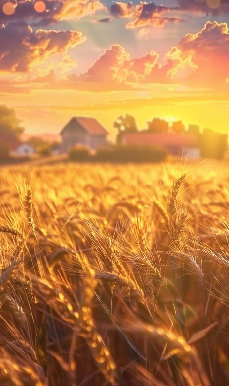 Golden Field Painting, Farm Sunset Wallpaper, Farm Fields Landscapes, Wheat Field Aesthetic, Wheat Field Photography, Wheat Field Sunset, Bailing Twine, Wheat Drawing, Golden Wheat Field