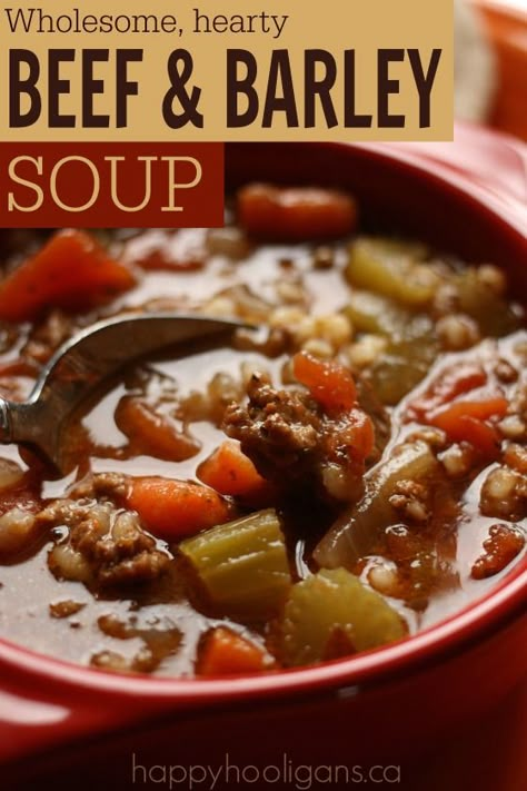 Homemade Beef and Barley Soup Recipe: for the crockpot OR the stove-top!  Thick, hearty, easy and delicious.  This is one of my family's FAVOURITES!  Soooo good!  - Happy Hooligans Beef And Barley Soup Recipe, Beef And Barley Soup, Barley Soup Recipe, Beef And Barley, Sauce Spaghetti, Happy Hooligans, Beef Barley, Beef Barley Soup, Recipes Soup