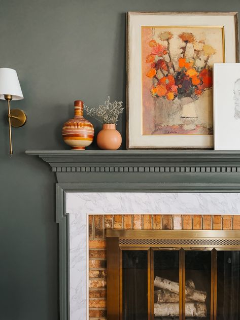 Wallpaper And Paint Fireplace Makeover - Dream Green DIY Painted Mantle Ideas, Farmhouse Fireplace Makeover, Painted Fireplace Surround, Green Fireplace, Painted Mantle, Wallpaper And Paint, Wooden Fireplace Surround, Gray Painted Walls, Diy Fireplace Makeover