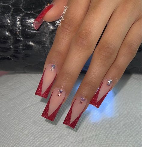 Red Nails Mid Length, Nails Inspo For Red Dress, Red V Shape French Tip Nails, Red Tapered Square Nails Medium, Red Prom Heels Sparkle, Black Rhinestone Nails Short, Nail Inspo For Red Prom Dress, Red And Black Nails For Quinceanera, Red Acrylic Nails Designs Prom