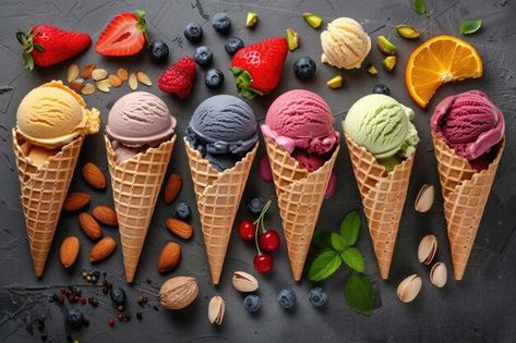 Photo assorted ice cream flavors on dark... | Premium Photo #Freepik #photo Ice Cream Landscape, Background For Summer, Ice Cream Pictures, Ice Cream Background, Cream Photography, Ice Cream Images, Ice Cream Photography, Summer Menu, Ice Cream Photos