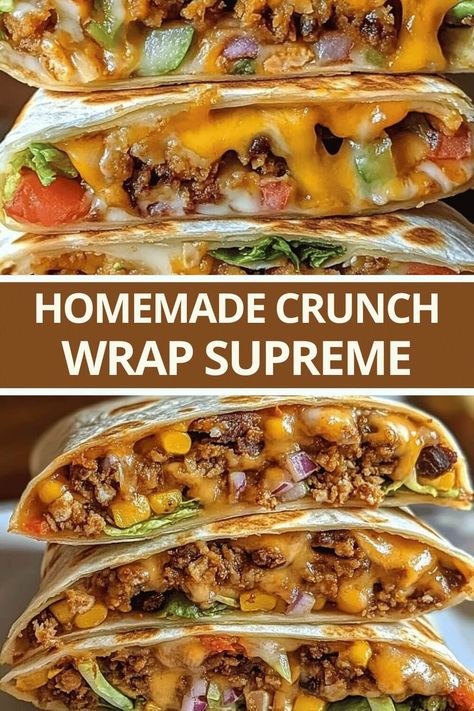 Crunch Wrap Supreme Healthy, Crunch Wrap Supreme Recipe Blackstone, Dinner Ideas Burritos, Beef Crunch Wrap Supreme, Supreme Crunch Wrap Homemade, At Home Crunch Wrap Supreme, Home Made Crunch Wraps, Food Recipes Wraps, Homemade Crunch Wrap