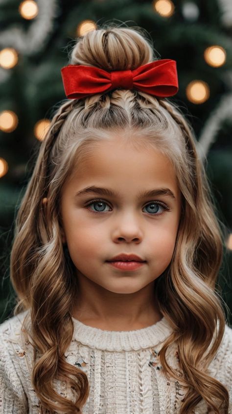 christmas hairstyles for kids New Years Hairstyles For Kids, Girls Christmas Hair Ideas, Kid Crazy Hair Day, Snowman Hairstyles For Kids, Kids Fancy Hairstyles, Easy Kindergarten Hairstyles, Toddler Holiday Hairstyles, Christmas Toddler Hair, Fairy Hairstyles For Kids