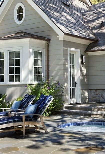 Traditional home painted Benjamin Moore Balboa Mist Cottage Exterior Colors, Contemporary Patio, Exterior House Color, Plans Architecture, Siding Colors, Cottage Exterior, Exterior Color Schemes, Exterior Paint Colors For House, House Paint Exterior