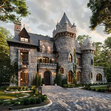 Castle Style Homes Modern, Castle Like Homes, Castle Style House, Modern Castle House, Castle House Modern, Castle Style Homes, Cottage Castle, Castle Houses, Turret House