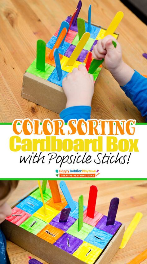 Popsicle Stick Games Learning, Popsicle Learning Activities, Popsicle Stick Crafts Toddlers, Montessori Colours Activities, Color Matching Popsicle Sticks, Color Activity For Preschoolers, Montessori Popsicle Sticks, Toddler Playdough Activities, Cardboard Box Activities For Toddlers